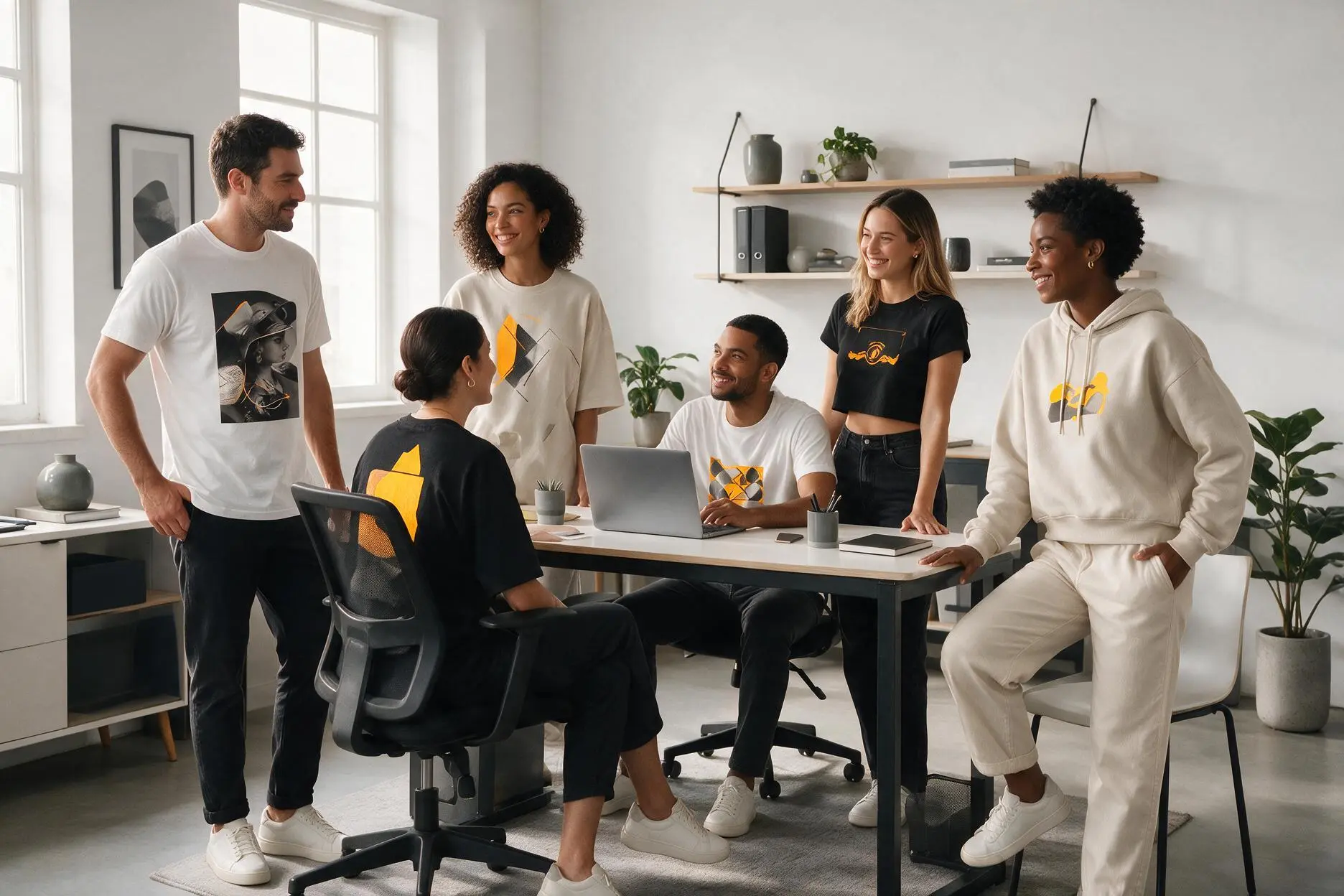Equipe de uma empresa usando camisetas corporativas personalizadas