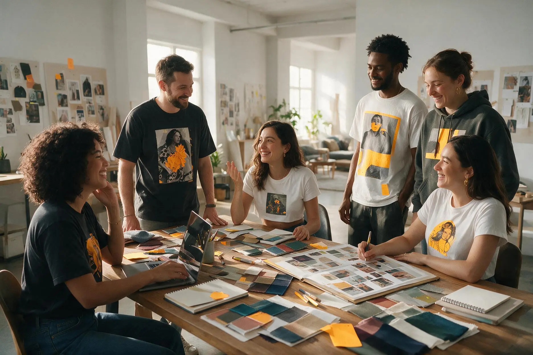 Equipe reunida usando camisetas personalizadas