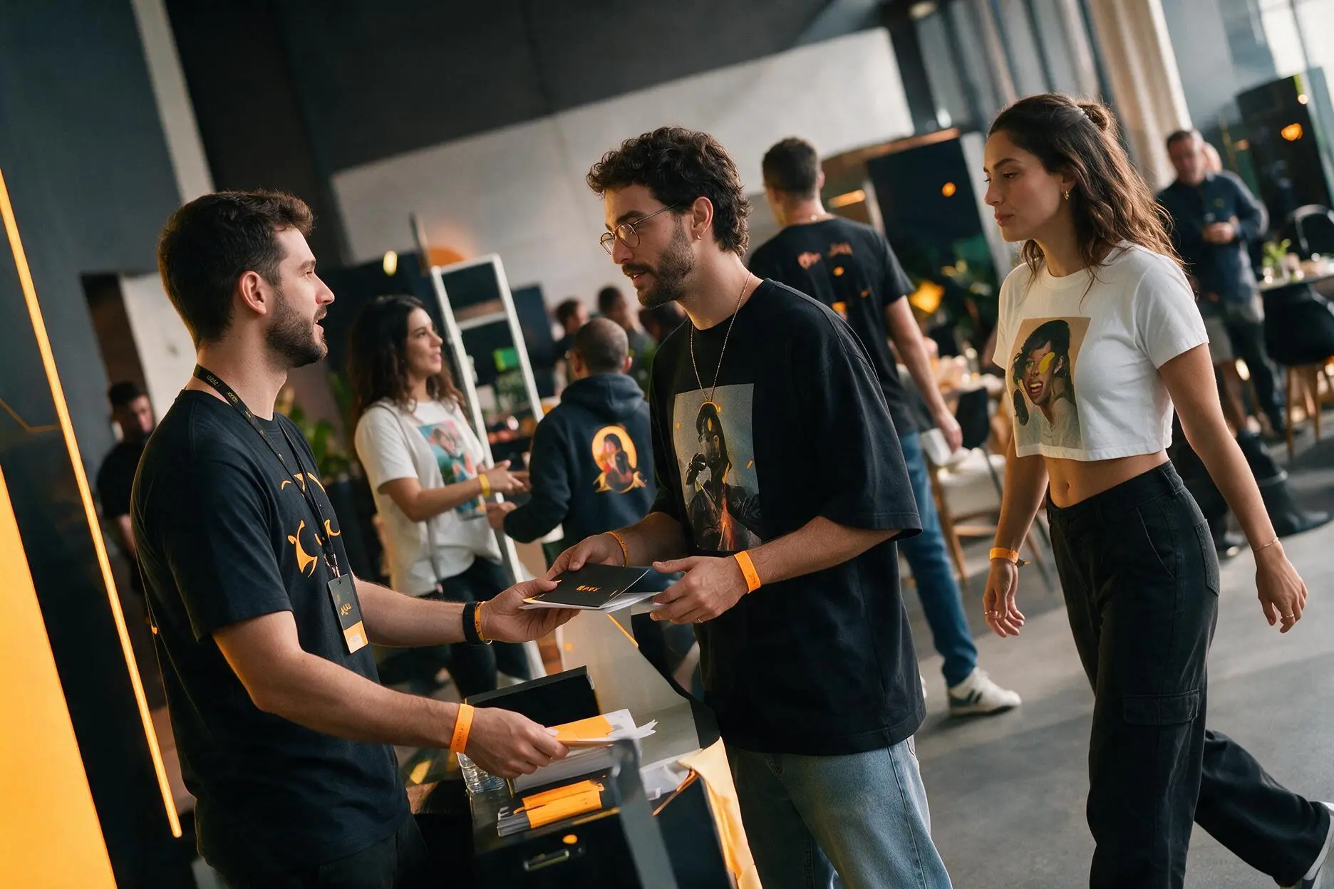 Participantes de um evento usando camisetas personalizadas
